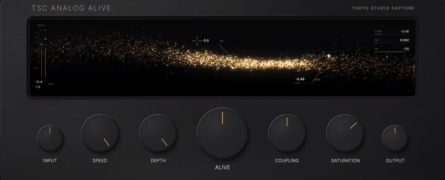 TSC Analog Alive plug-in window, running; dimmed until Analog Alive is in the chain
