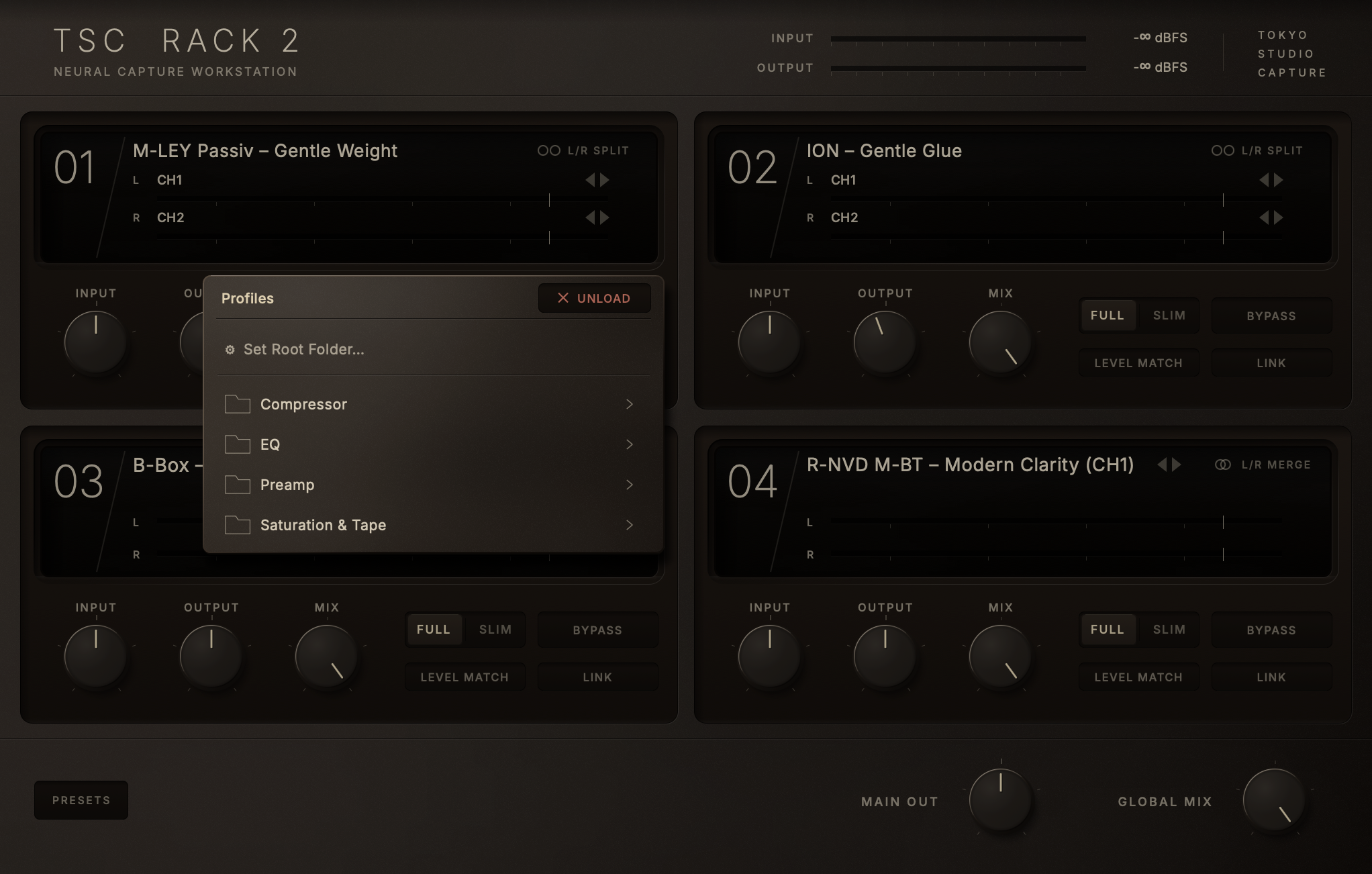 TSC Rack 2 Profile Browser at the library root: Set Root Folder, Compressor, EQ, Preamp, Saturation & Tape, and UNLOAD