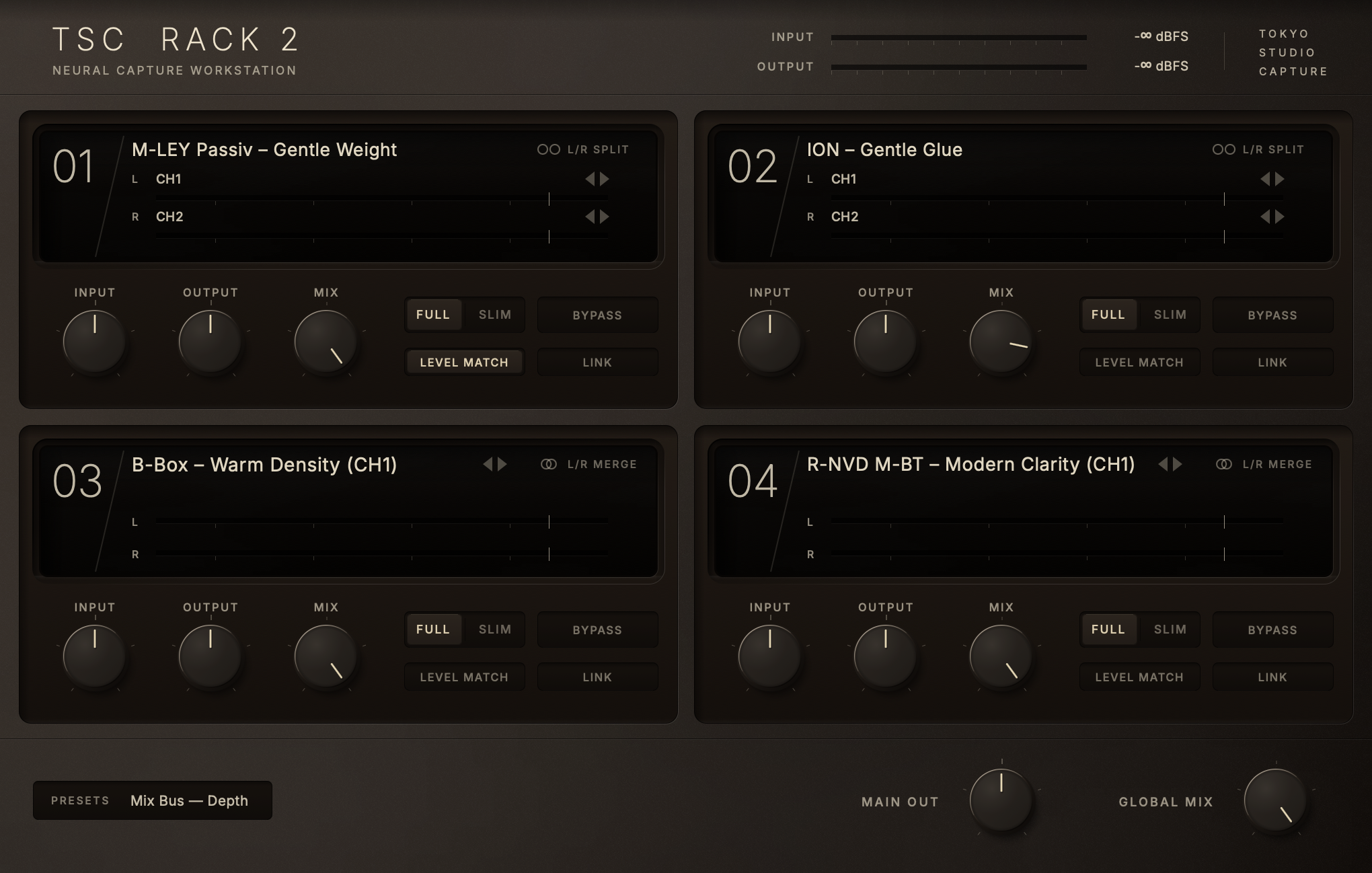 TSC Rack 2 with all four slots loaded: two stereo pairs in L/R SPLIT, two profiles in L/R MERGE, saved as the preset Mix Bus — Depth