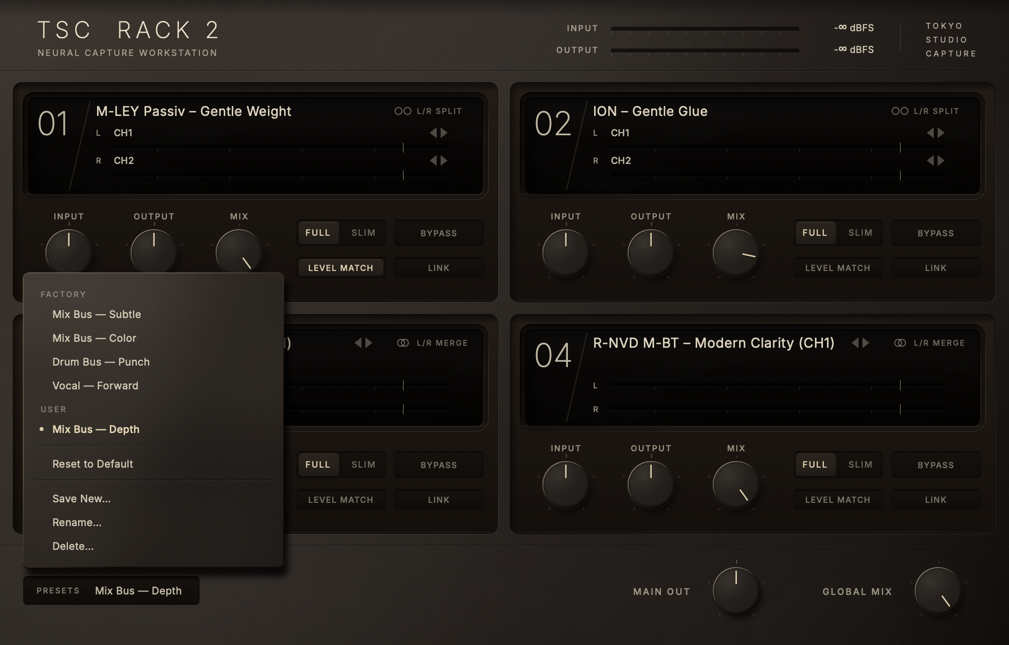 TSC Rack 2 with the PRESETS panel open: four factory presets, a user preset, Reset to Default, Save New, Rename and Delete