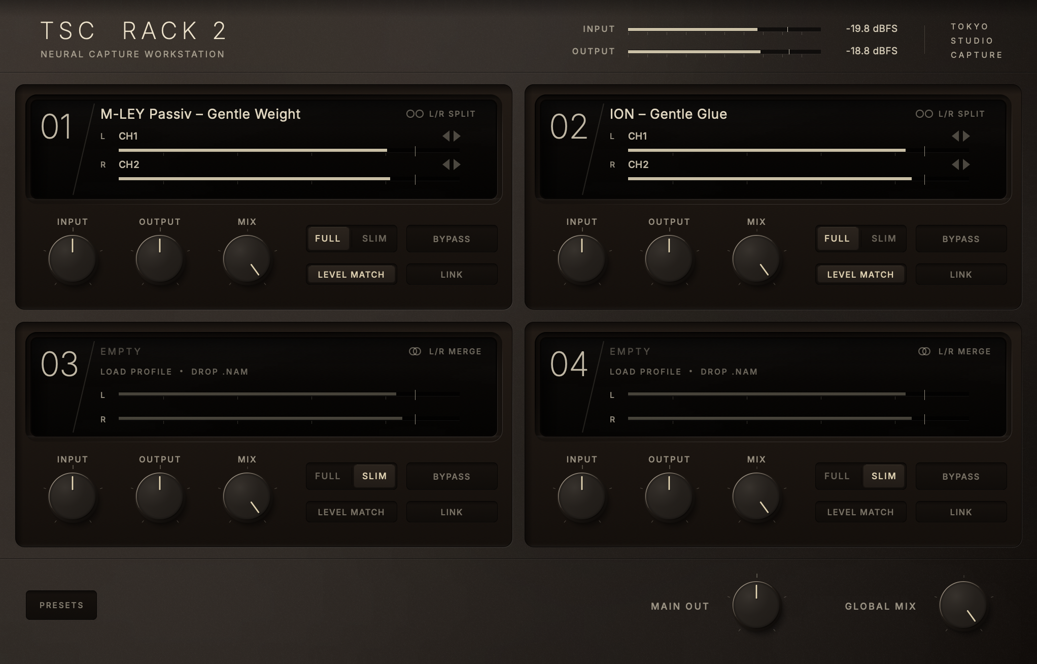 TSC Rack 2 plug-in interface: four processing slots, per-slot controls, presets and master section