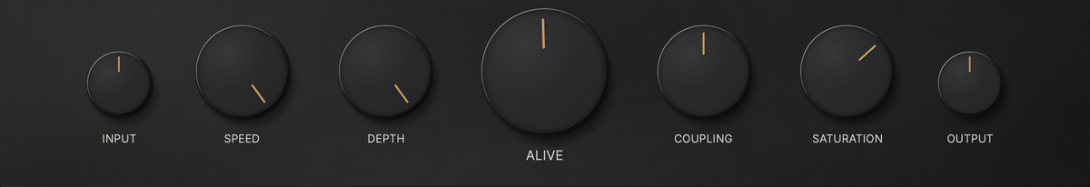 The seven controls: INPUT, SPEED, DEPTH, ALIVE, COUPLING, SATURATION, OUTPUT
