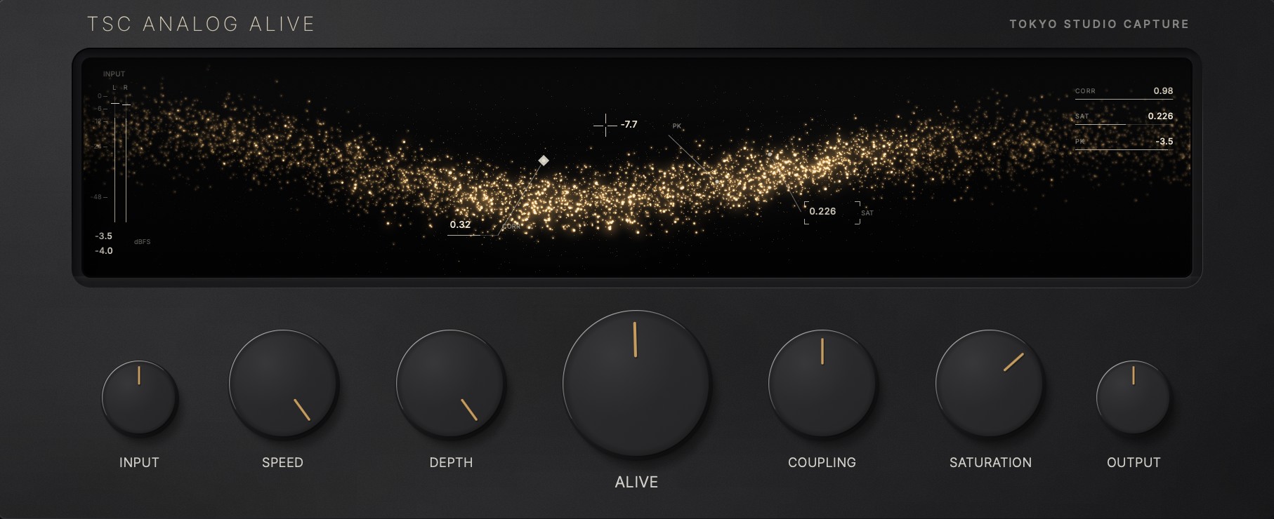 TSC Analog Alive plug-in window: the display with the INPUT meter, CORR, SAT and PK readouts above seven controls — INPUT, SPEED, DEPTH, ALIVE, COUPLING, SATURATION and OUTPUT