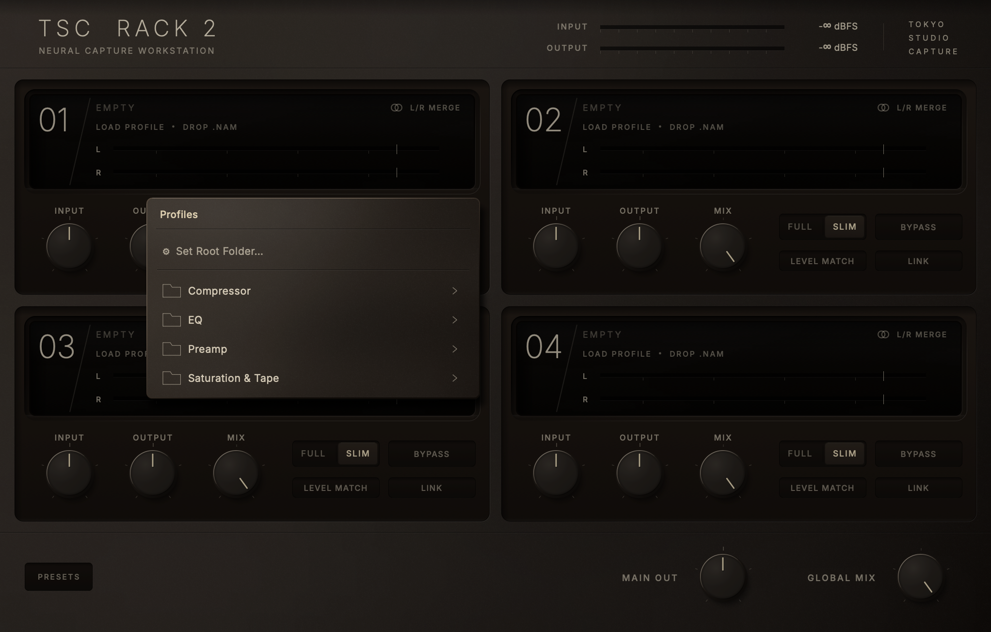 TSC Rack 2 with all four slots EMPTY (LOAD PROFILE · DROP .NAM) and the browser open over slot 01: Set Root Folder…, then Compressor, EQ, Preamp and Saturation & Tape