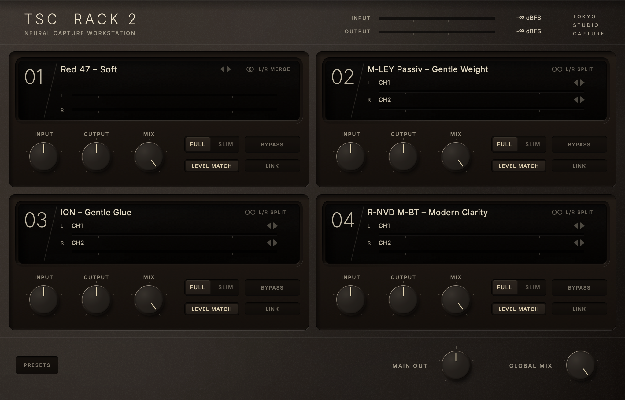 TSC Rack 2 with four Captures loaded: Red 47 – Soft, M-LEY Passiv – Gentle Weight, ION – Gentle Glue and R-NVD M-BT – Modern Clarity