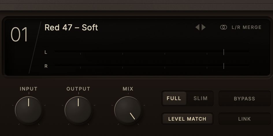 A slot: L and R VU meters with their vertical reference line, INPUT, OUTPUT and MIX knobs, FULL / SLIM, BYPASS, LEVEL MATCH and LINK